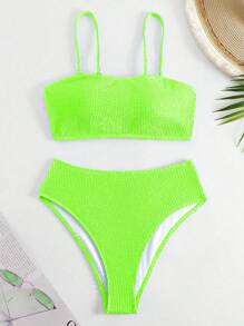 SHEIN Swim 螢光綠高腰比基尼泳裝 - 青檸色 - 查看 1