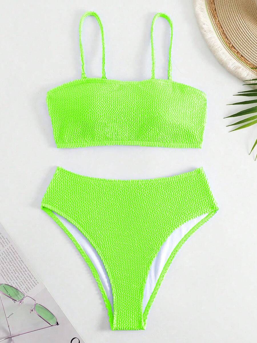 SHEIN Swim 螢光綠高腰比基尼泳裝 - 青檸色 - 查看 1