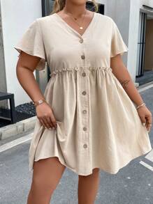 Flirla Plus Button Front Frill Trim Dress - Apricot - View 1