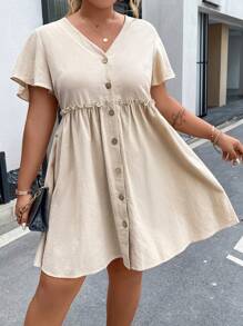 Flirla Plus Button Front Frill Trim Dress - Apricot - View 5