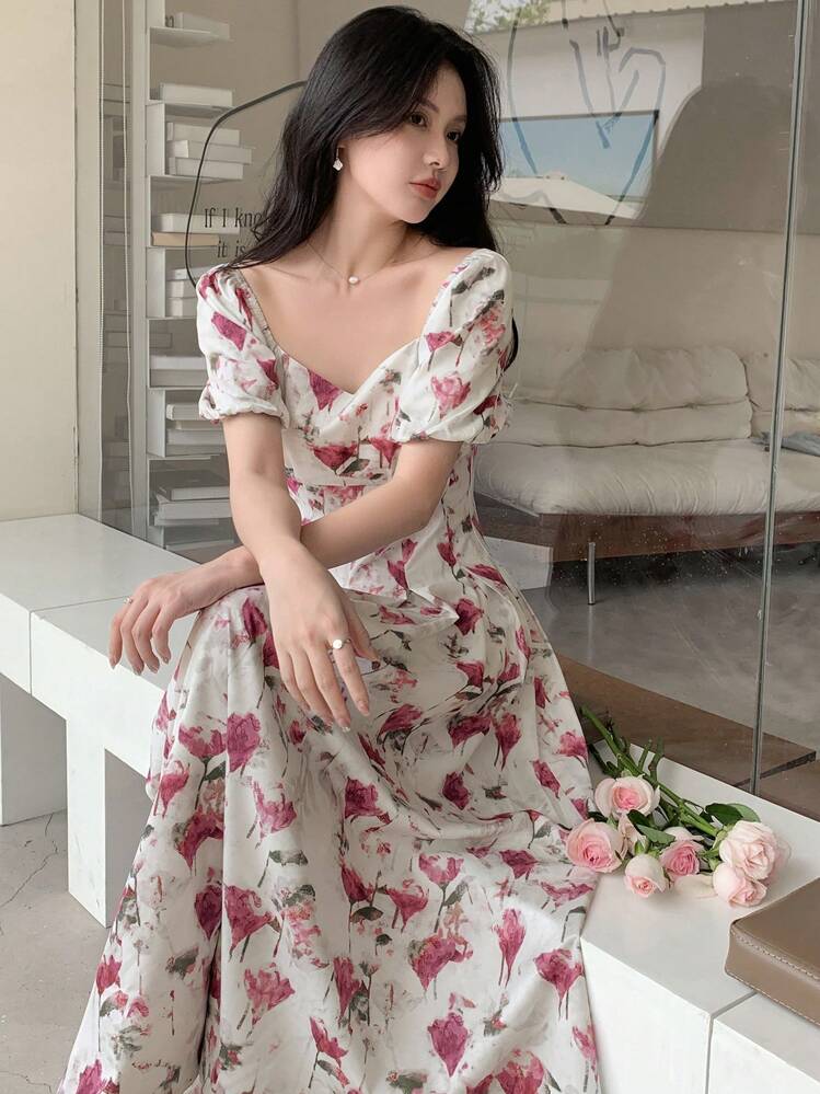 DAZY Vestido estilo sundress con estampado floral, mangas abullonadas y detalles de pliegues plegados - Albaricoque - Añade 2