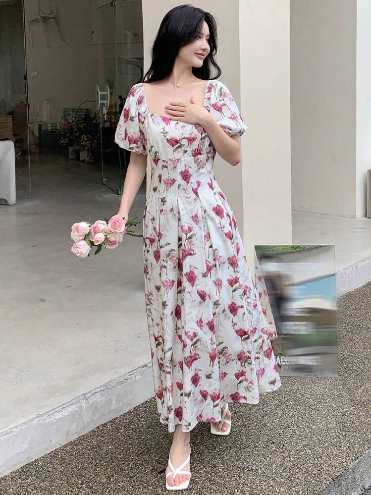 DAZY Vestido estilo sundress con estampado floral, mangas abullonadas y detalles de pliegues plegados - Albaricoque - Añade 5