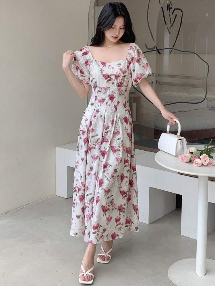 DAZY Vestido estilo sundress con estampado floral, mangas abullonadas y detalles de pliegues plegados - Albaricoque - Añade 6