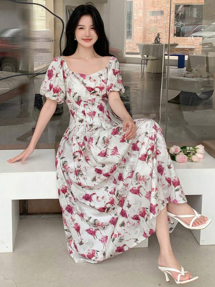DAZY Vestido estilo sundress con estampado floral, mangas abullonadas y detalles de pliegues plegados - Albaricoque - Añade 7