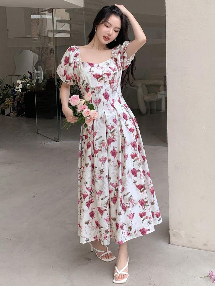 DAZY Vestido estilo sundress con estampado floral, mangas abullonadas y detalles de pliegues plegados - Albaricoque - Añade 8