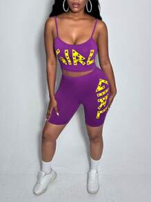 Slaydiva 字母圖案吊帶上衣&騎行褲 - 紫色 - 查看 1