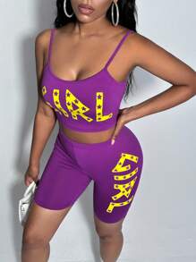 Slaydiva 字母圖案吊帶上衣&騎行褲 - 紫色 - 查看 4