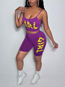 Slaydiva 字母圖案吊帶上衣&騎行褲 - 紫色 - 查看 5