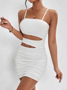 SHEIN PETITE Vestido ajustado de tirantes con abertura fruncido - Blanco - Ver 3