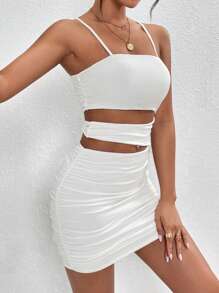 SHEIN PETITE Vestido ajustado de tirantes con abertura fruncido - Blanco - Ver 4