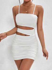SHEIN PETITE Vestido ajustado de tirantes con abertura fruncido - Blanco - Ver 6