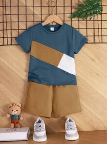 SHEIN Chàng trai trẻ Khối màu Áo thun & quần đùi - Màu Khaki - Xem 3