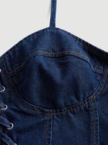 SHEIN Talla grande Top en mezclilla con cordón delantero de hombros descubiertos - Azul lavado oscuro - Ver 3