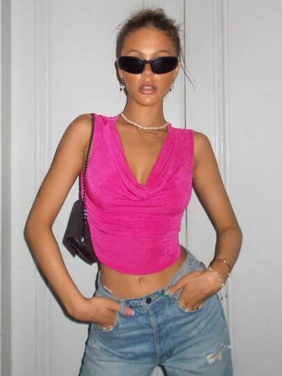 SHEIN ICON Going Out Tops Draped Collar Crop Tank Top