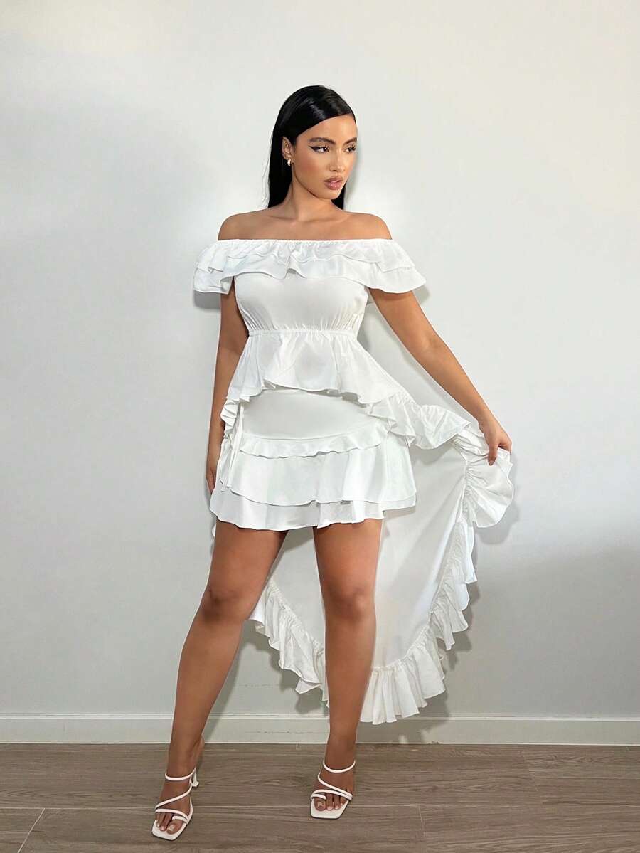 SHEIN SXY 一字肩荷葉邊高低下擺襯衫 - 白色 - 查看 1