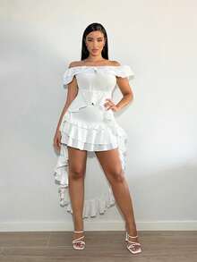 SHEIN SXY 一字肩荷葉邊高低下擺襯衫 - 白色 - 查看 3