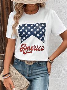 SHEIN LUNE Ngôi sao & Đồ họa Chữ cái Áo thun - trắng - Xem 3