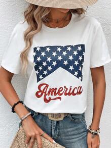 SHEIN LUNE Ngôi sao & Đồ họa Chữ cái Áo thun - trắng - Xem 5