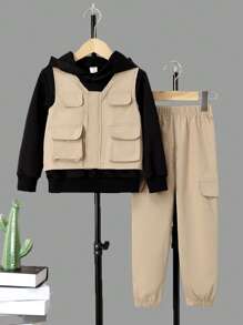 SHEIN 男小童素色連帽衫和褲子和翻蓋口袋夾克背心 - 彩色 - 查看 1