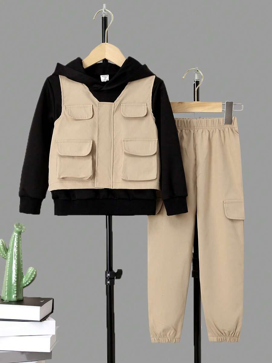 SHEIN 男小童素色連帽衫和褲子和翻蓋口袋夾克背心 - 彩色 - 查看 1