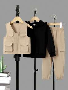 SHEIN 男小童素色連帽衫和褲子和翻蓋口袋夾克背心 - 彩色 - 查看 3