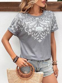 SHEIN LUNE 佩斯利印花蝙蝠袖T恤