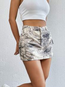 SHEIN EZwear 迷彩印花翻蓋口袋工裝裙 - 棕色 - 查看 5