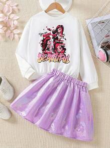 SHEIN 女大童字母人物圖案套頭衫&金屬質感半身裙 - 彩色 - 查看 1