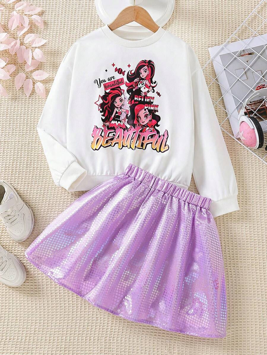 SHEIN 女大童字母人物圖案套頭衫&金屬質感半身裙 - 彩色 - 查看 1