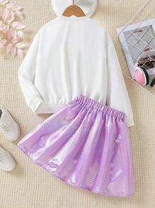 SHEIN 女大童字母人物圖案套頭衫&金屬質感半身裙 - 彩色 - 查看 2