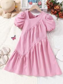 SHEIN Tween Girl Asymmetrical Neck Puff Sleeve Ruffle Hem Smock Dress - Pink - View 1