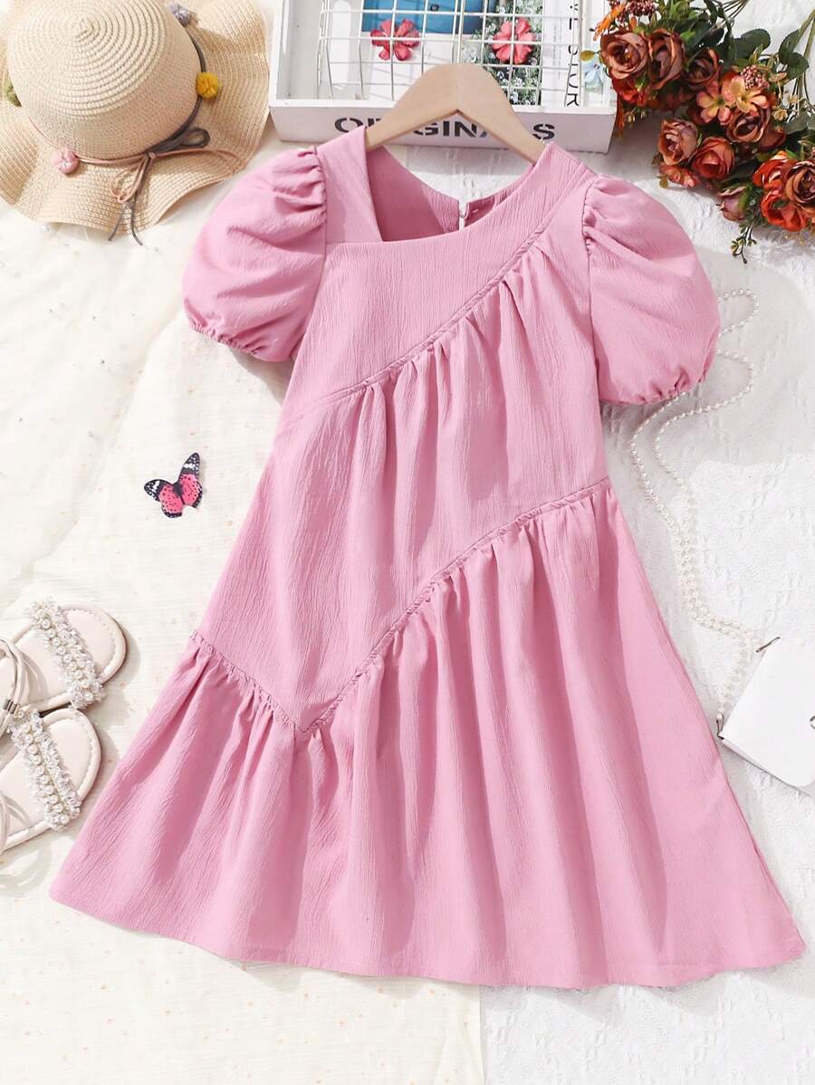 SHEIN Tween Girl Asymmetrical Neck Puff Sleeve Ruffle Hem Smock Dress - Pink - View 1