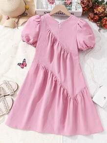 SHEIN Tween Girl Asymmetrical Neck Puff Sleeve Ruffle Hem Smock Dress - Pink - View 2