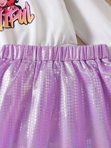 SHEIN 女大童字母人物圖案套頭衫&金屬質感半身裙 - 彩色 - 查看 4