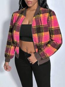 Slaydiva 格紋印花拉鏈開襟飛行員夾克 - 彩色 - 查看 3