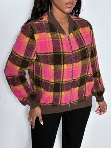 Slaydiva 格紋印花拉鏈開襟飛行員夾克 - 彩色 - 查看 5