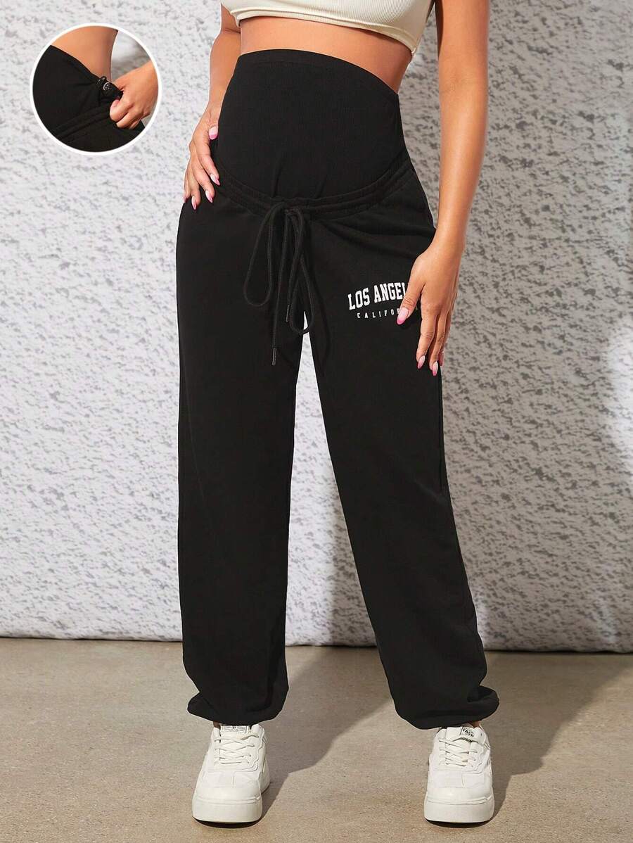 SHEIN Maternity Letter Graphic Drawstring Waist Trousers - Black - View 1