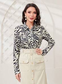 Modelyn 斑馬紋前紐扣襯衫 - 黑與白 - 查看 5