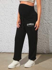 SHEIN Maternity Letter Graphic Drawstring Waist Trousers - Black - View 3