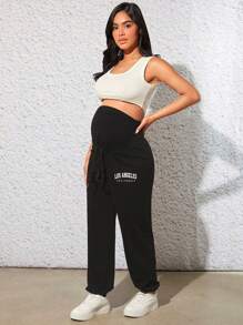 SHEIN Maternity Letter Graphic Drawstring Waist Trousers - Black - View 4