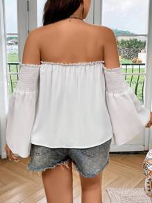 SHEIN LUNE 大碼印花一字肩褶邊喇叭袖襯衫 - 白色 - 查看 2