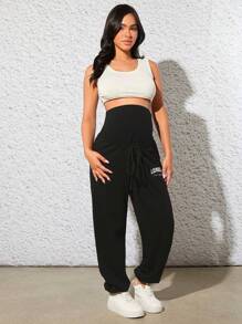 SHEIN Maternity Letter Graphic Drawstring Waist Trousers - Black - View 5