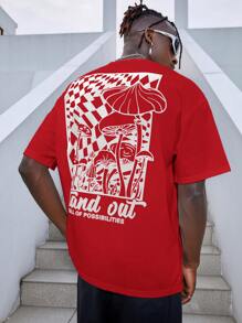 Manfinity Men's Loose Fit Tee With Mushroom & Slogan Graphic Design - Red - View 1