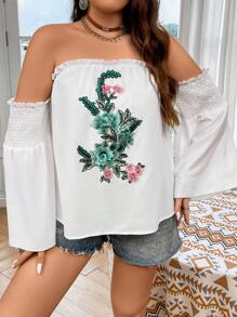 SHEIN LUNE 大碼印花一字肩褶邊喇叭袖襯衫 - 白色 - 查看 4