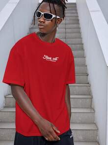 Manfinity Men's Loose Fit Tee With Mushroom & Slogan Graphic Design - Red - View 2