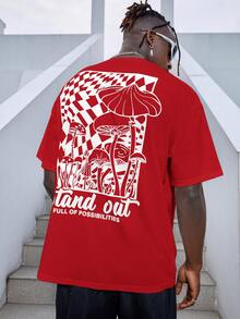 Manfinity Men's Loose Fit Tee With Mushroom & Slogan Graphic Design - Red - View 4