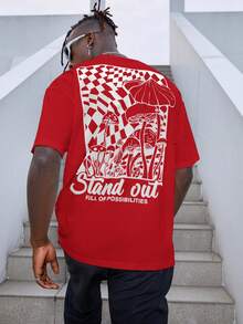 Manfinity Men's Loose Fit Tee With Mushroom & Slogan Graphic Design - Red - View 5