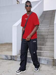 Manfinity Men's Loose Fit Tee With Mushroom & Slogan Graphic Design - Red - View 6