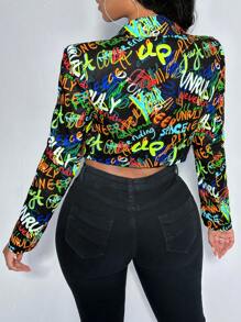 Slaydiva Letter Graphic Crop Blazer - Multicolor - View 2