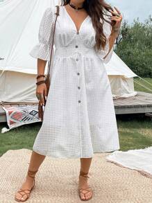 SHEIN LUNE Plus Flare Sleeve Button Front Dress - White - View 1